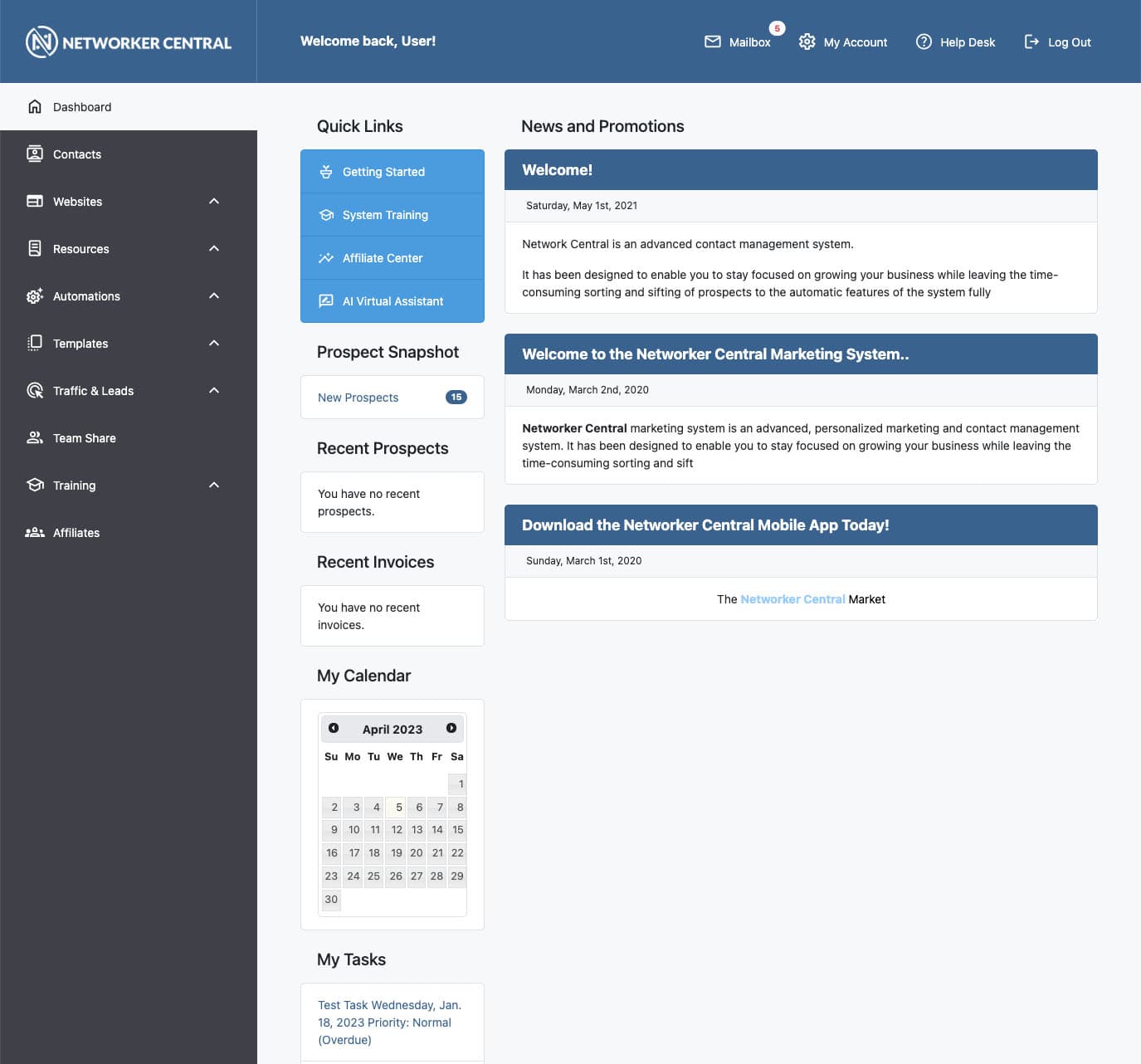 The Networker Central dashboard — contacts, automations, traffic and leads, team share, and training in one place